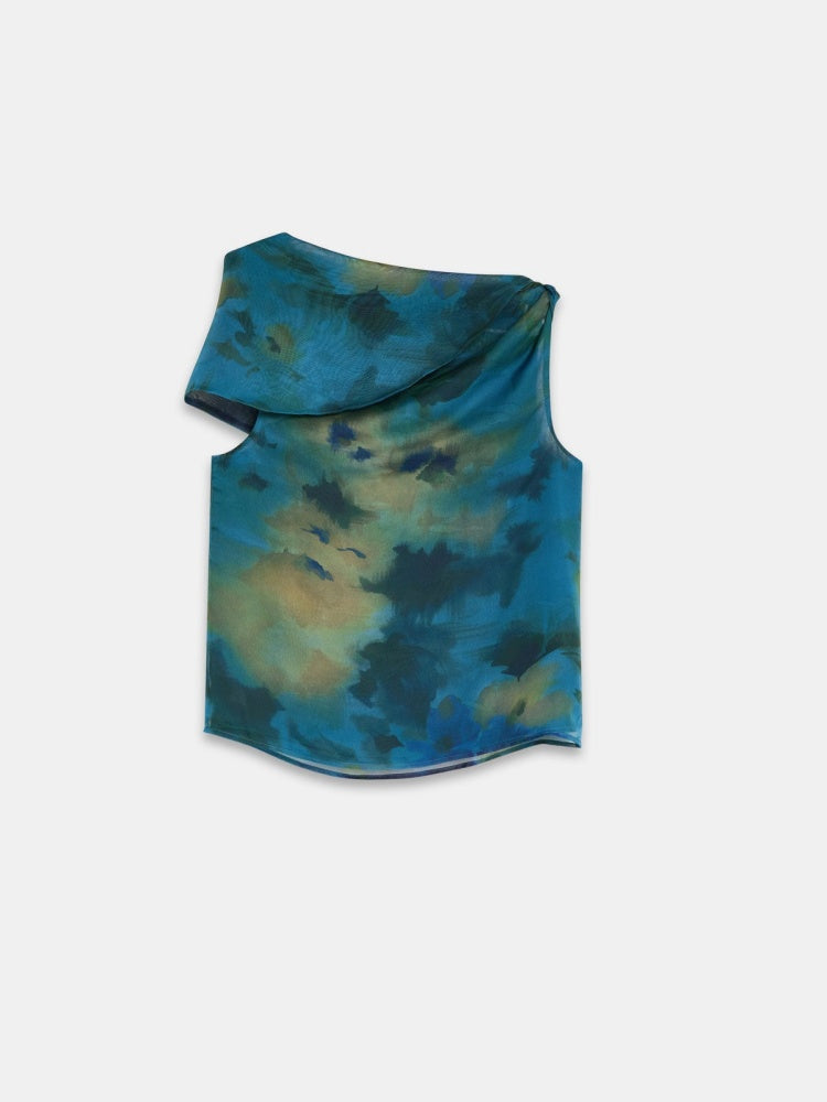 Watercolor Print Asymmetric Top & Skirt Set