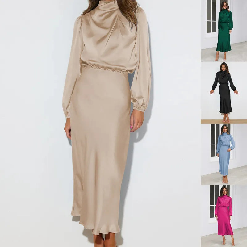 Étoile™ Satin Halter Evening Dress – Elegant Long Sleeve Formal Gown