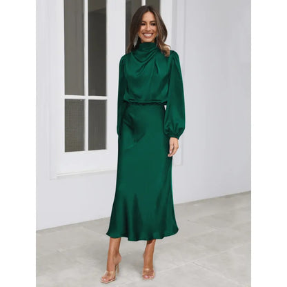 Étoile™ Satin Halter Evening Dress – Elegant Long Sleeve Formal Gown