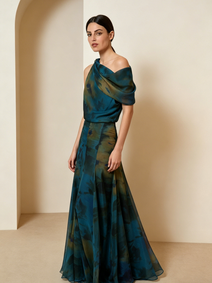 Watercolor Print Asymmetric Top & Skirt Set