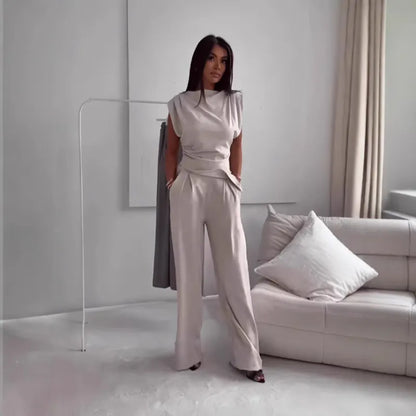 Women's Slim Fit Two Piece Set – Sleeveless Irregular Top & Trousers