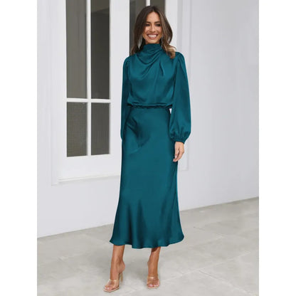 Étoile™ Satin Halter Evening Dress – Elegant Long Sleeve Formal Gown